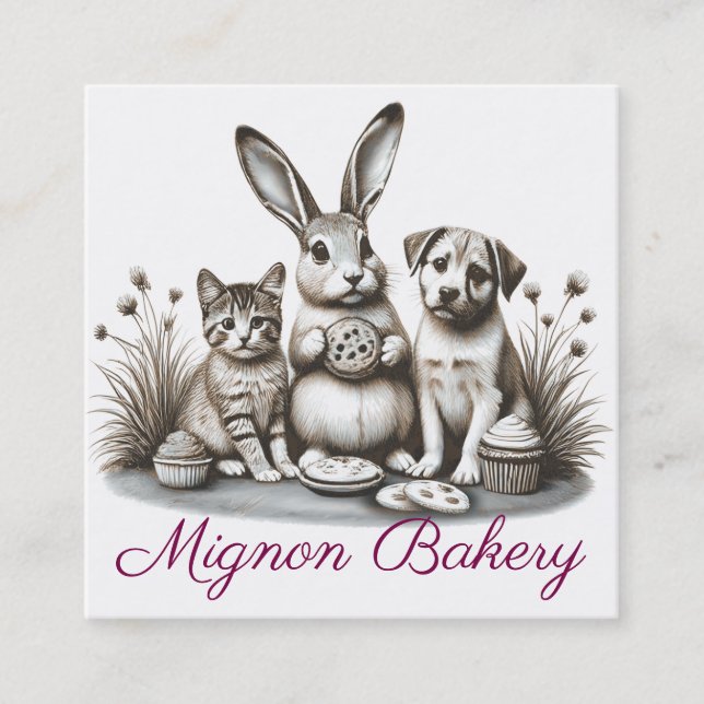 Cute animals bunny cat eat cookie bakery fyrkantigt visitkort (Framsida)