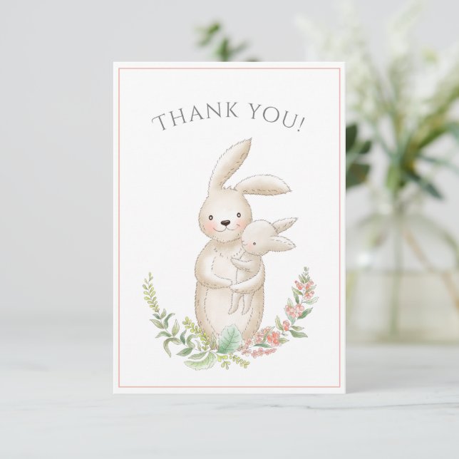 Cute Animals Bunny Rosa Baby Shower Tack Kort (Stående Fram)