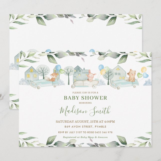 Cute Animals Cars Grey Baby Shower Boy Inbjudningar (Fram/baksida)