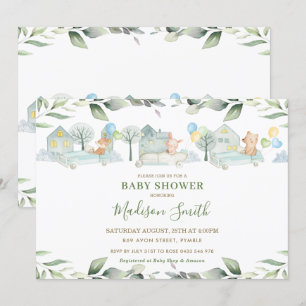 Cute Animals Cars Grey Baby Shower Boy Inbjudningar