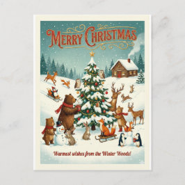 Cute Animals Celebrating Christmas in Snow Helg Vykort