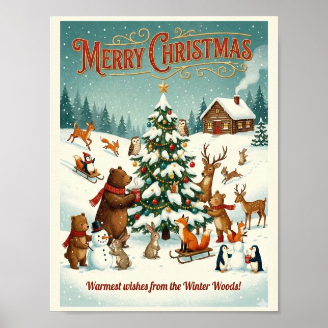 Cute Animals Celebrating Christmas in Snow Poster (Framsidan)