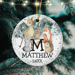 Cute Animals Child's Photo Brev Initial Namn Julgransprydnad Keramik<br><div class="desc">Anpassadets foto,  namn och brev med söt vattenfärg målat spädbarn med faux silver glitter inslag. Anpassa till baby första jul eller till ett barn som en speciell personlig.</div>