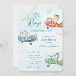 Cute Animals Flygplan Äventyr Oh Boy Baby Shower Inbjudningar