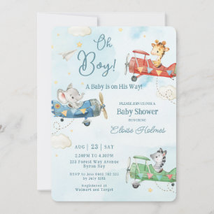 Cute Animals Flygplan Äventyr Oh Boy Baby Shower Inbjudningar
