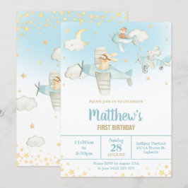 Cute Animals flygplan Stars Himlar Birdday Boy Inbjudningar