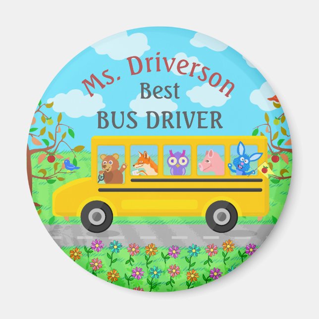 Cute Animals för drivrutin i Skola Buss | PERSONLI Magnet (Framsidan)