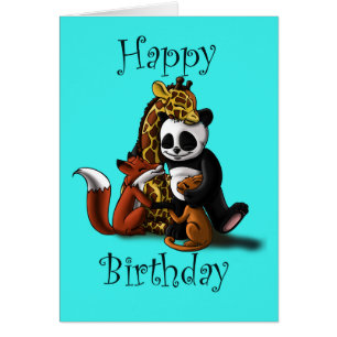 Cute Animals Giraffe Panda Cat Fox Birthday Hälsningskort
