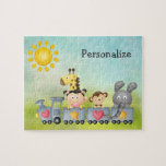 Cute Animals & Girl på Tåg Puzzle Pussel<br><div class="desc">Det ruttna barnets pussel med en ljuvlig vektor för vismisk tecknad av en söt giraffe,  apa,  elefant och en liten flicka på en söt tåg med hjärtan och stjärnor på ett grönt gräs och blå himmel sommarbakgrund med söt gult sol. Barnen kommer att kärlek dessa lycklig roligt djur!</div>