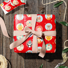 Cute Animals i Party Hats Kids Red Grattis på föde Presentpapper