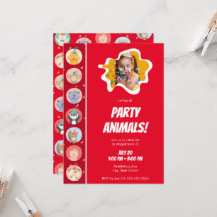 Cute Animals in Party Hats w/ Photo Grattis på föd Inbjudningar