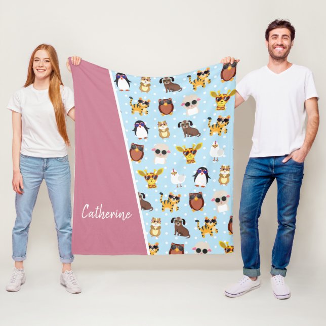 Cute Animals in Sunglass with Namn Fleecefilt (På plats)