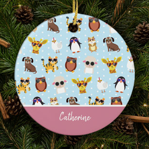 Cute Animals in Sunglass with Namn jul Julgransprydnad Keramik