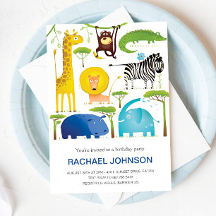 Cute Animals Jungle Roligt Birthday Kids Blue Inbjudningar