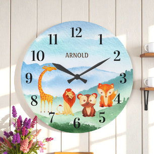 Cute Animals Kids Nursery Grönt Blue Forest Stor Klocka