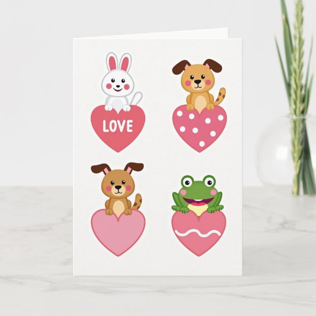 Cute Animals Love Hearts Card Kort (Framsida)