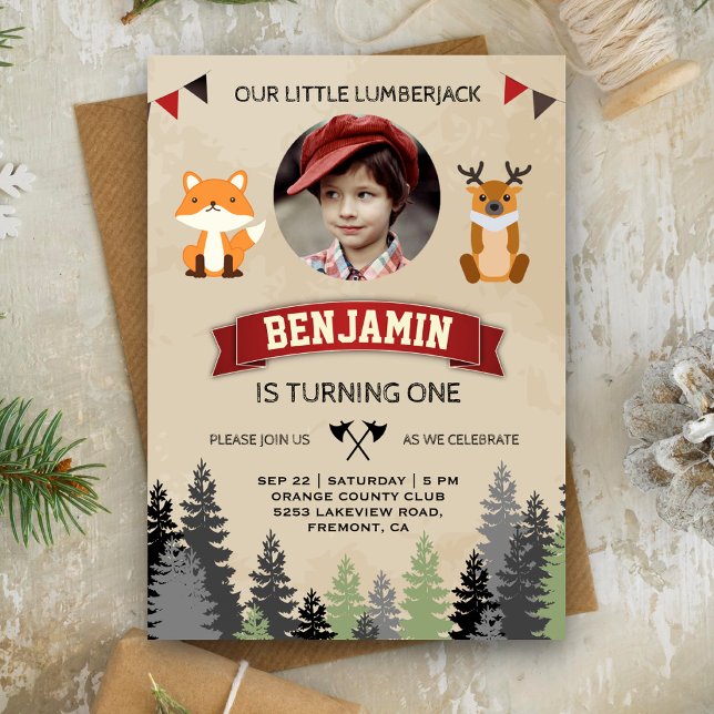 Cute Animals Lumberjack Födelsedagsfest inbjudan (Skapare uppladdad)