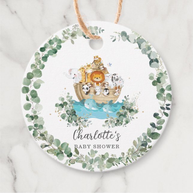 Cute Animals Noahs Ark Greenery Birthday Baby Gåvor Etiketter (Framsida)