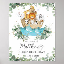 Cute Animals Noahs Ark Greenery Birthday Välkommen