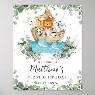 Cute Animals Noahs Ark Greenery Birthday Välkommen Poster