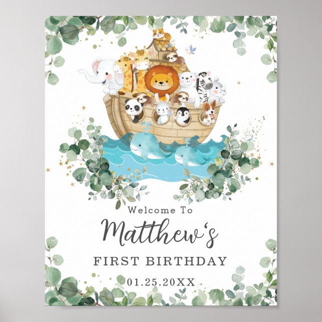 Cute Animals Noahs Ark Greenery Birthday Välkommen Poster (Framsidan)