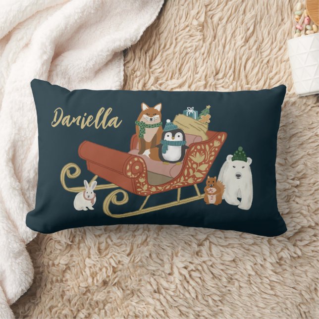 Cute Animals och Sleigh Modern Namn Jul Lumbarkudde (Filt)