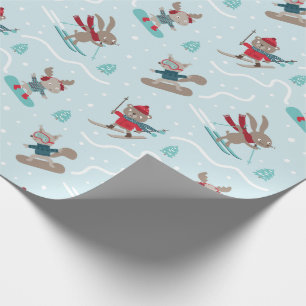 Cute Animals Skiing och Snowboarding (blått) Presentpapper