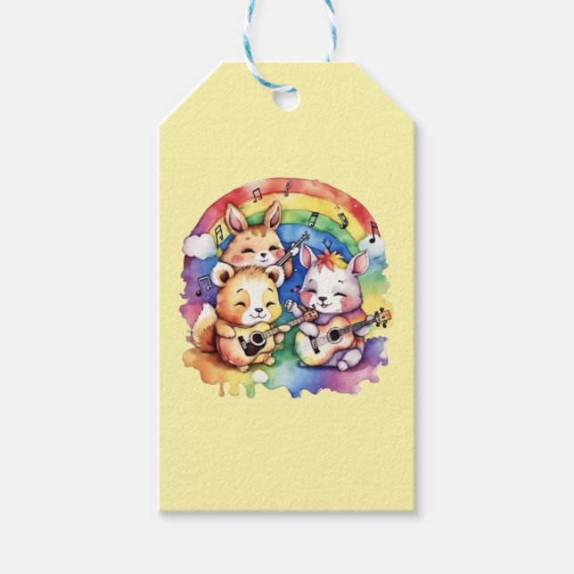 Cute animals som spelar musik i regnbågen presentetikett (Framsidan)