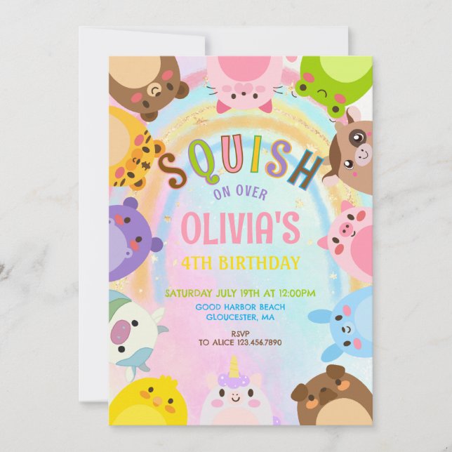 Cute Animals Squish On Over rainbow  Birthday  Inbjudningar (Framsida)