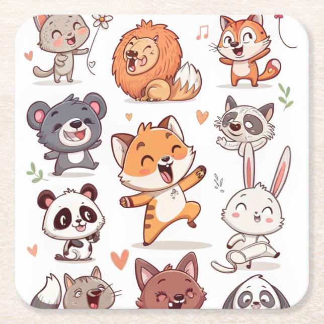  Cute Animals Sticker Sheet Adorable CSticker Underlägg Papper Kvadrat (Framsidan)