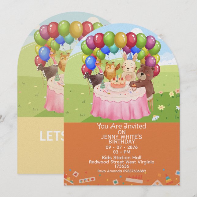 Cute Animals Themed kids Birthday Invitation  Inbjudningar (Fram/baksida)