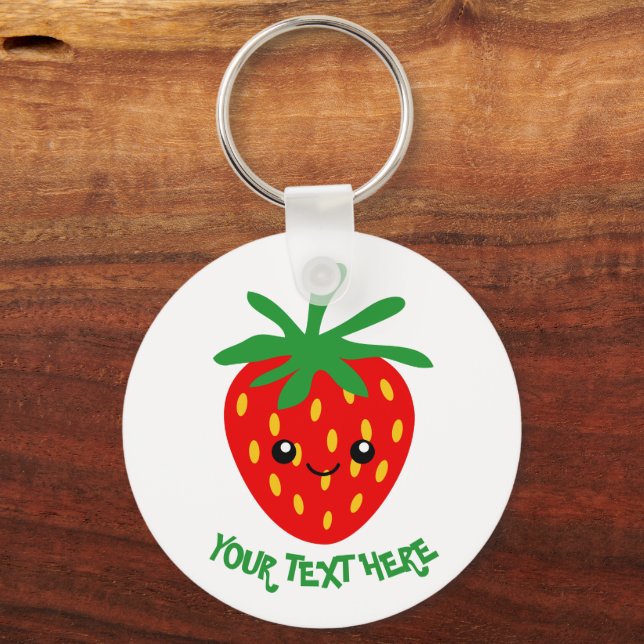 Cute animated happy strawberry fruit keychain nyckelring (Framsida)