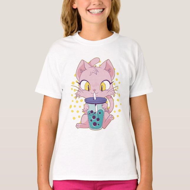 Cute animcat-drickande boba-te t shirt (Framsida)