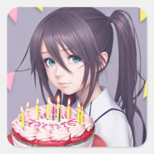Cute Anime Birthday Girl Fyrkantigt Klistermärke
