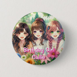 Cute Anime Birthday Girl Personlig Knapp