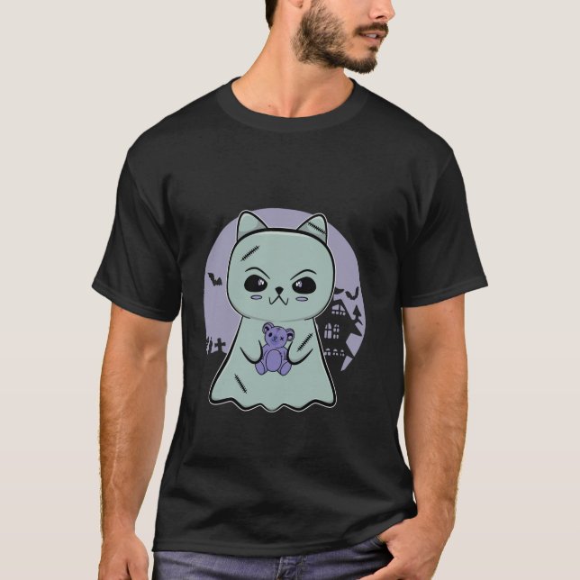 Cute Anime Black Cat Ghost och Goth Nalle for T Shirt (Framsida)