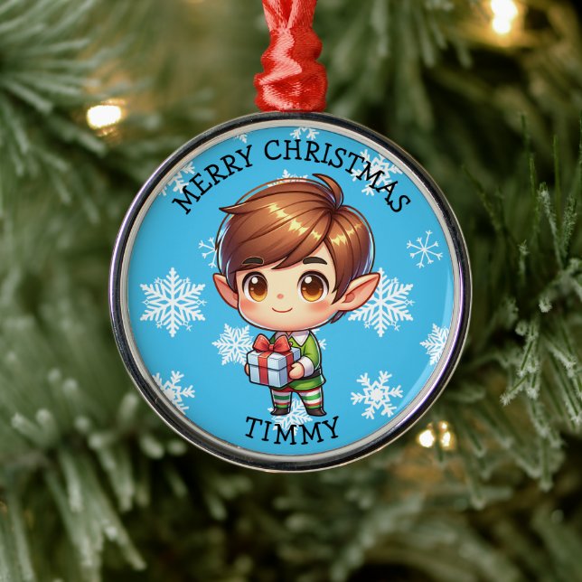 Cute Anime Boy Elf Personalized Christmas Julgransprydnad Metall (Träd)