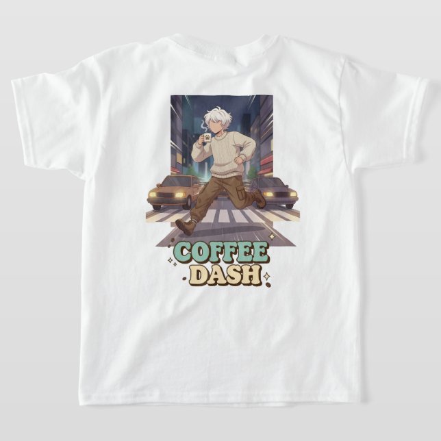 Cute Anime Boy Running in the City with Coffee T Shirt (Laydown Baksida)