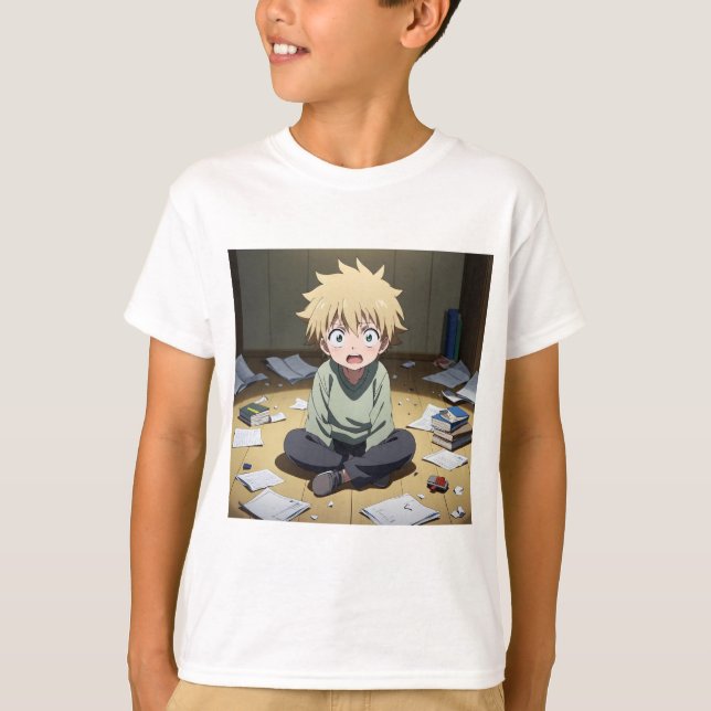 Cute Anime Boy Surprised in Messy Room – Emotional T Shirt (Framsida)