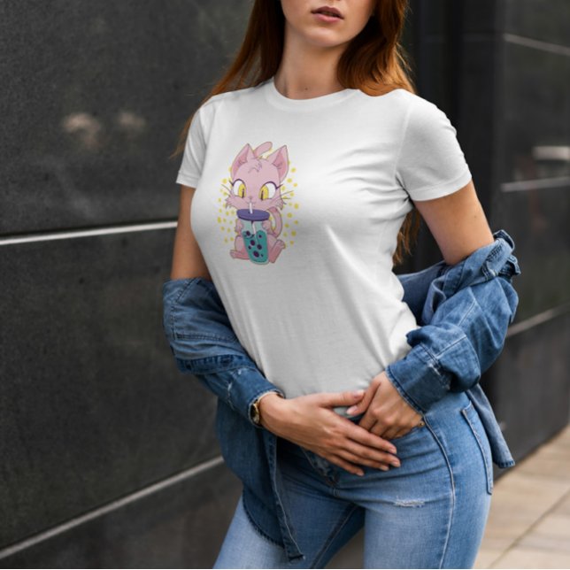 Cute Anime Cat Drinking Boba Tea T Shirt (Skapare uppladdad)