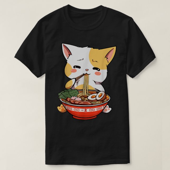 Cute Anime Cat Eating Ramen T Shirt (Design framsida)
