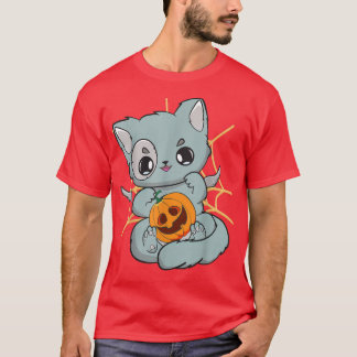 Cute Anime Cat med Pumpkin Manga Neko Meow Hallow T Shirt