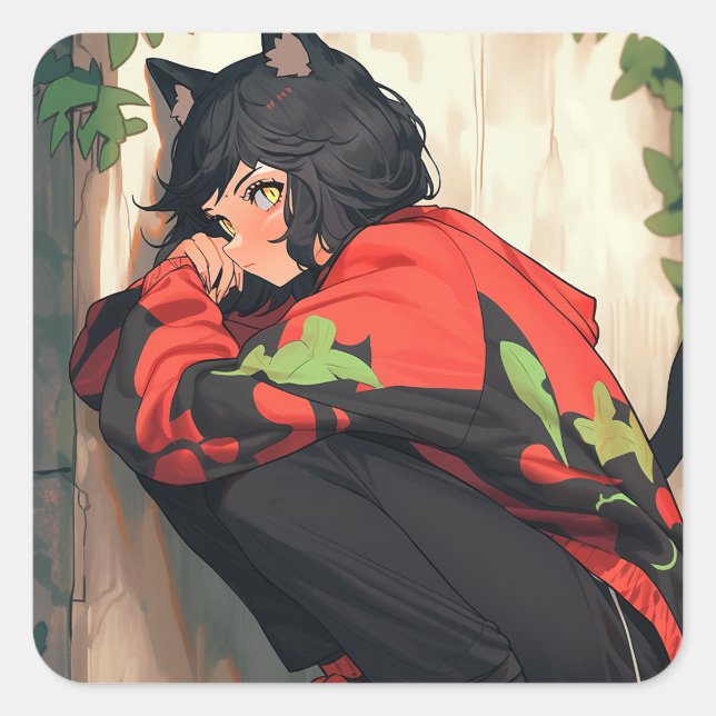 Cute Anime Catgirl Fyrkantigt Klistermärke (Framsida)