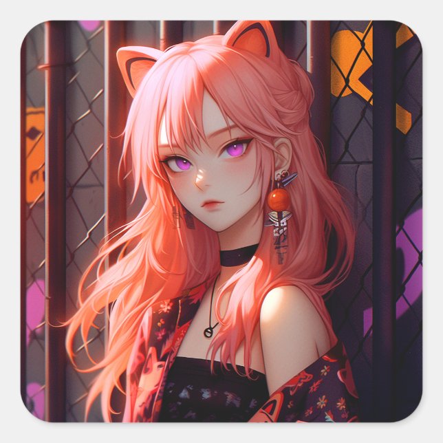 Cute Anime Catgirl Fyrkantigt Klistermärke (Framsida)