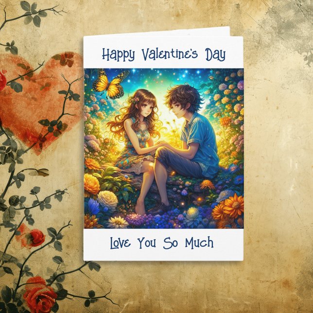Cute Anime Couple and Butterfly Valentine Day Kort (Skapare uppladdad)
