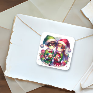 Cute Anime Elves jul Fyrkantigt Klistermärke