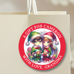 Cute Anime Elves jul | Till och från Runt Klistermärke<br><div class="desc">Djuren i Santa Hats som höll leksak åt julen en gåva till dig klistermärken med ett vattenfärgsutseende.</div>