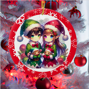 Cute Anime Elves och Snöflingor jul Julgransprydnad Keramik
