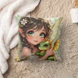 Cute Anime Fairy and Chibi Dragon Kudde