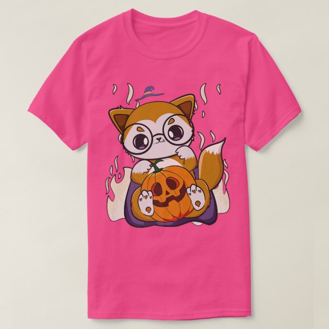 Cute Anime Fox håller Kawaii Pumpkin för Halloween T Shirt (Design framsida)